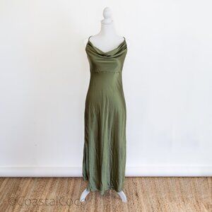 Satin Spaghetti Strap Cowl Neck Backless Dress M Olive Green, Y2K Slip Cocktail
